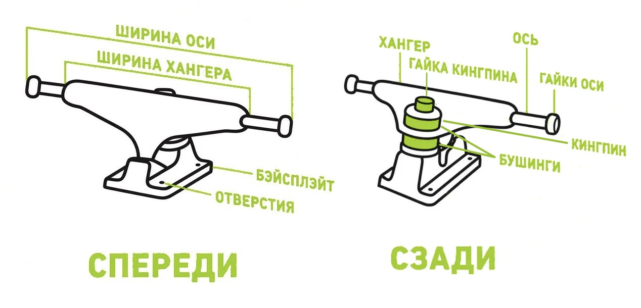 Части подвески скейтборда спереди и сзади: хангер, ось, бэйсплэйт, кингпин, бушинги