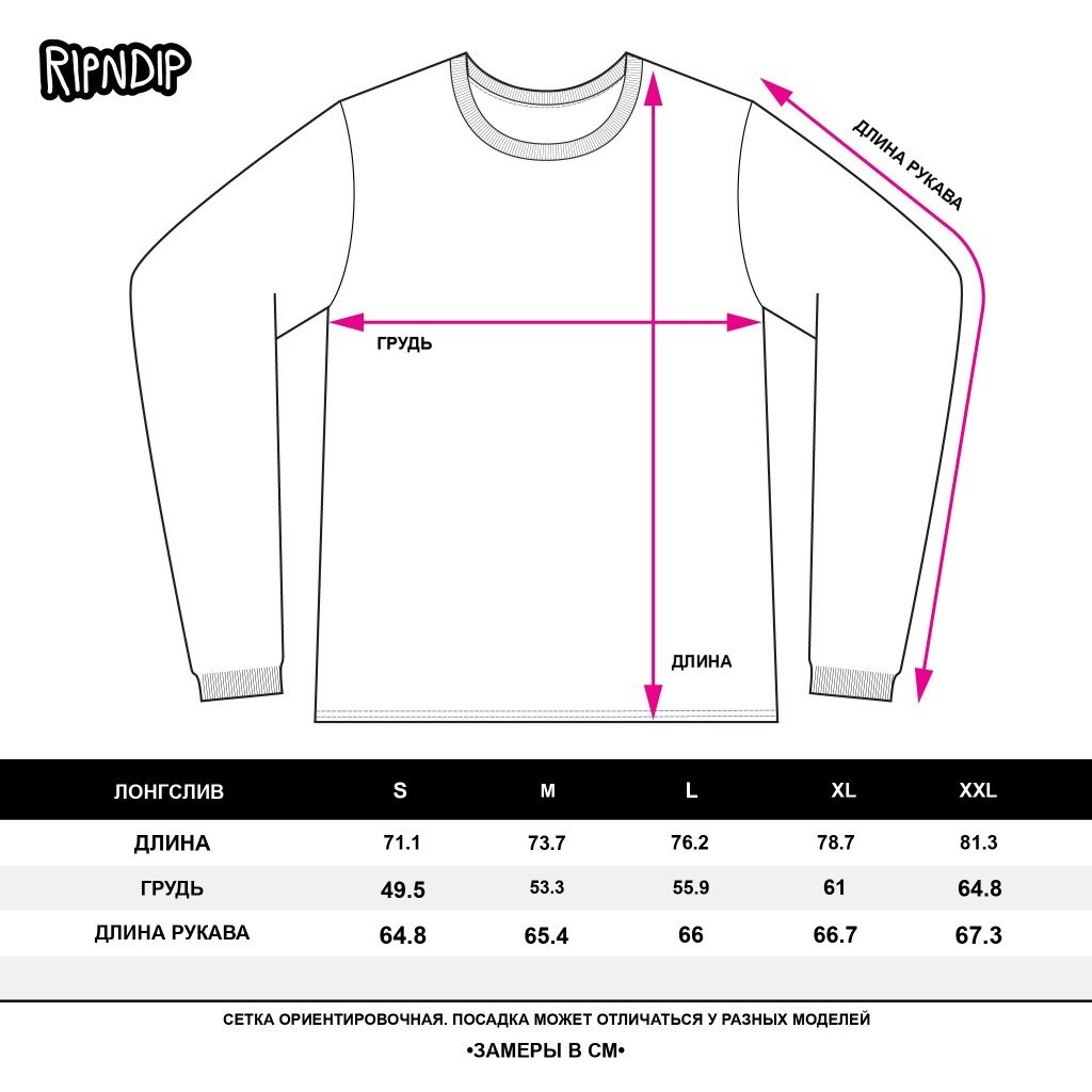 Таблица размеров Ripndip — лонгсливы, см