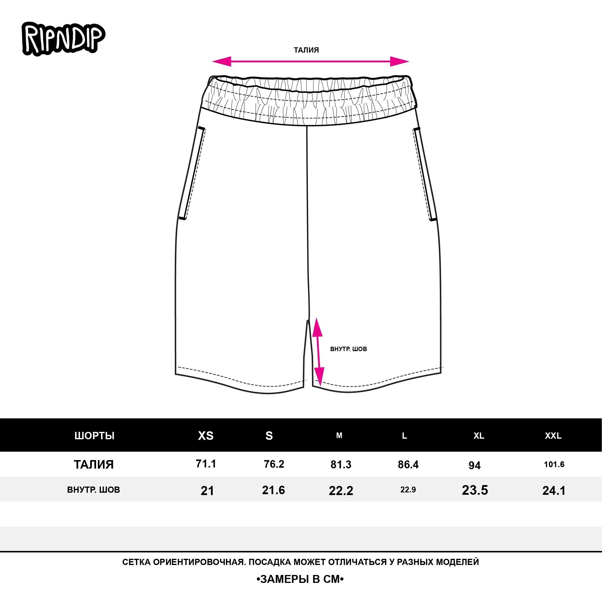 Таблица размеров Ripndip — трикотажные шорты, см